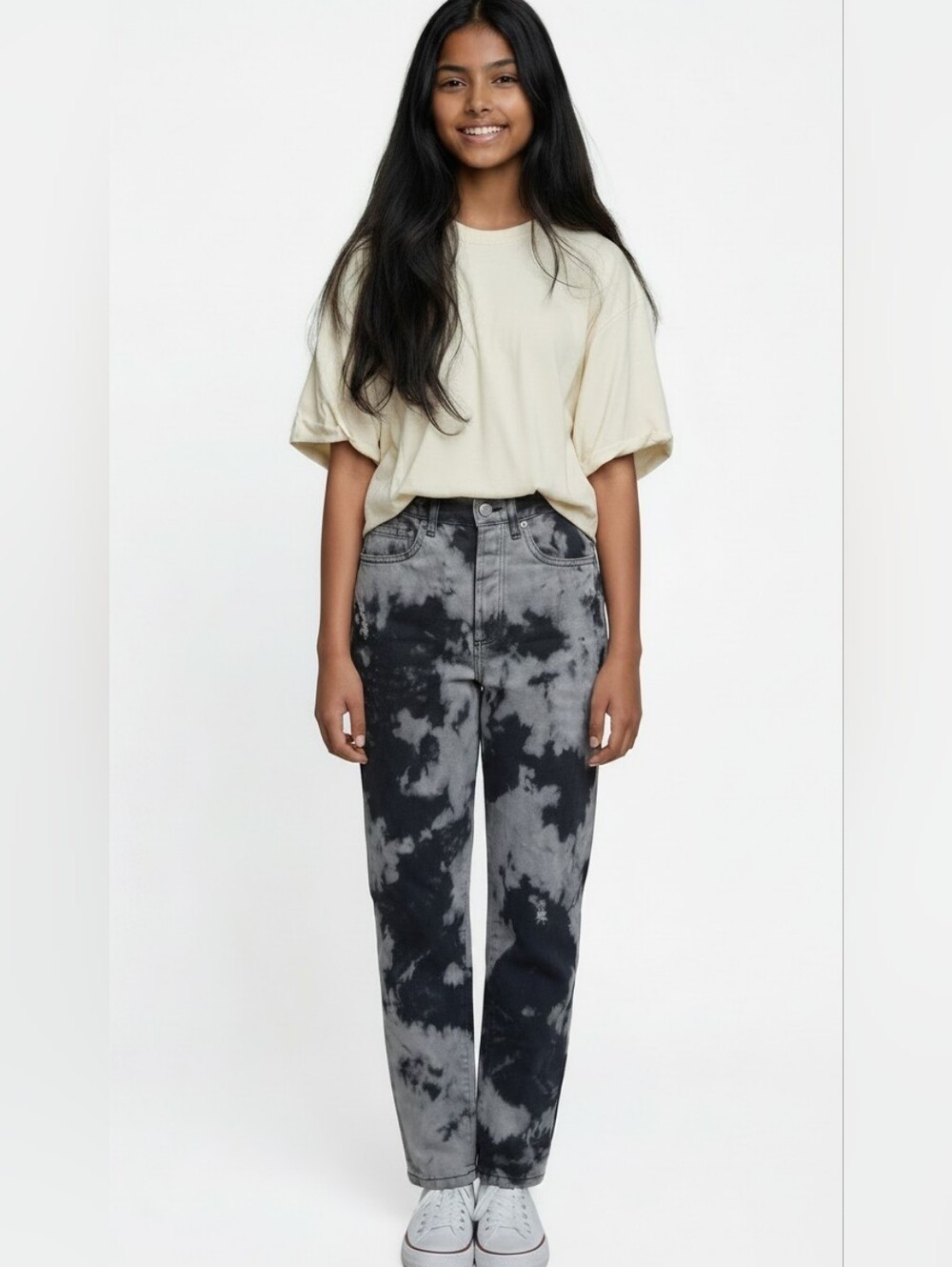 NWT Elan Women’s Designer Tie-Dye Black & Gray Distressed Button Fly Jeans Sz S